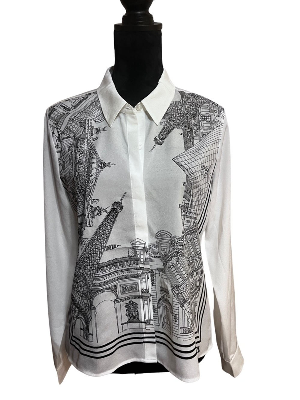 Karl Lagerfeld Paris Paris-Print Button Front Blouse M NWT